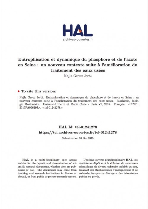 [Publication] Thèse - Eutrophisation et dynamique du phosphore et de l'azote en Seine : un nouveau contexte suite à l’amélioration du traitement des eaux usées