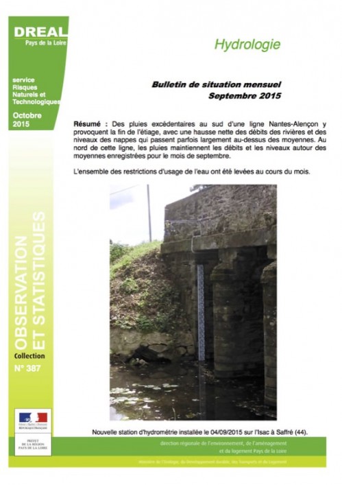 [Publication] Bulletin de situation hydrologie mensuel - septembre 2015 - Dreal Pays de la Loire