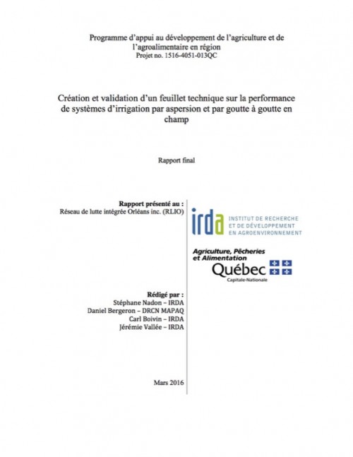 [Publication] Création et validation d'un feuillet technique sur la performance de systèmes d'irrigation par aspersion et par goutte à goutte en champ - IRDA Québec