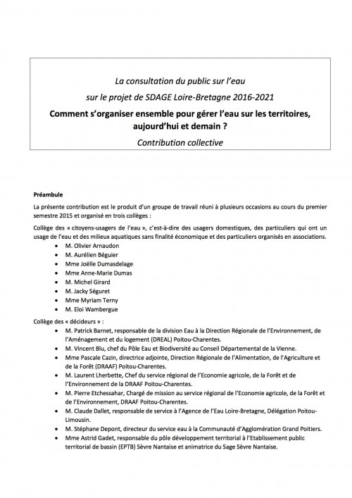 [Publication] Contribution collective à la consultation publique sur l’eau 2014-2015 - Eau en Poitou-Charentes