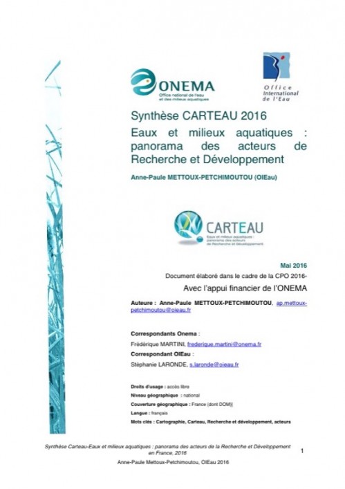 [Publication] Synthèse Carteau 2016 : panorama des acteurs de R&D dans le secteur des eaux et des milieux aquatiques
