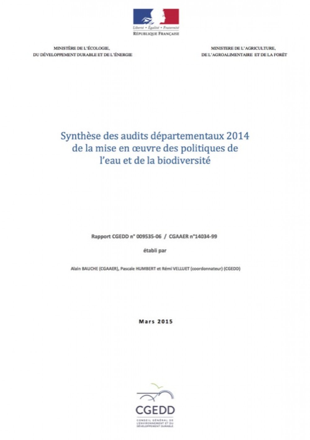 [Publication] Synthèse des audits départementaux 2014 de la mise en oeuvre des politiques de l’eau et de la biodiversité - CGEDD