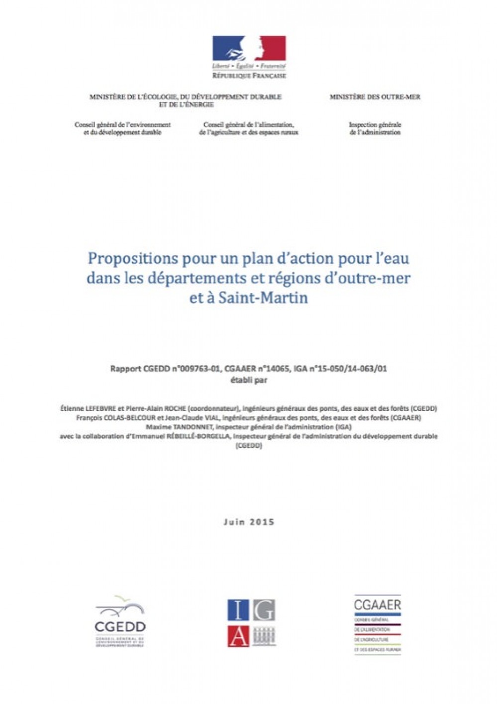 [Publication] Propositions pour un plan d’action pour l’eau dans les départements et régions d’outre-mer et à Saint-Martin - CGEDD