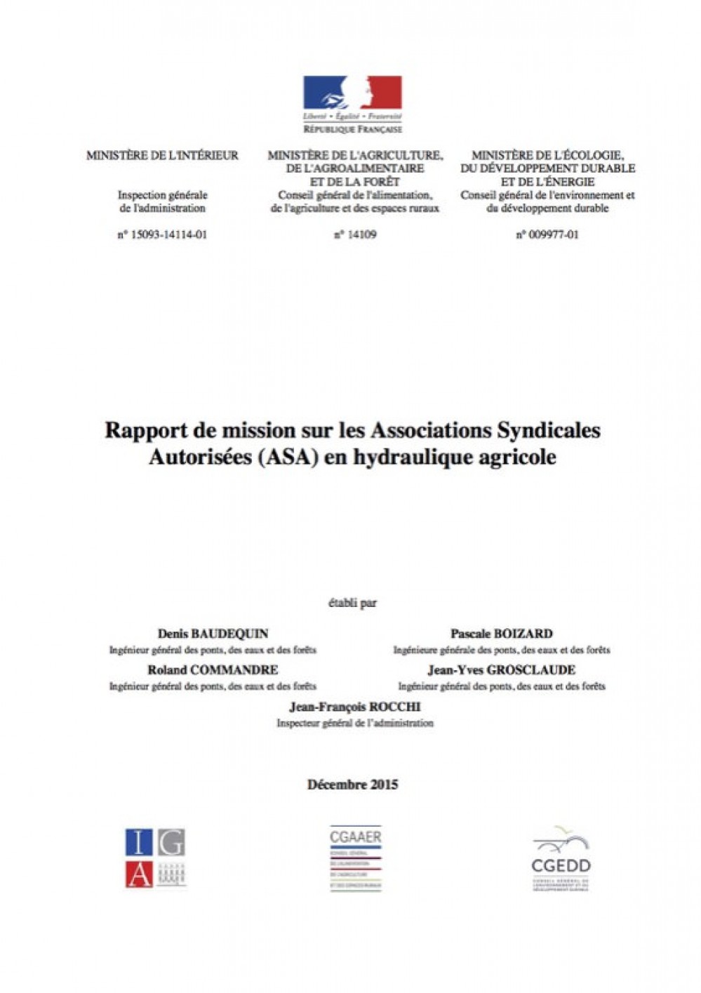 [Publication] Rapport de mission sur les Associations Syndicales Autorisées (ASA) en hydraulique agricole - CGEDD