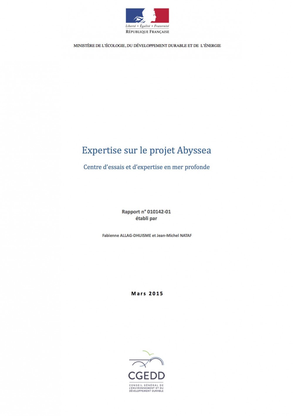 [Publication] Expertise sur le projet Abyssea - Centre d’essais et d’expertise en mer profonde - CGEDD