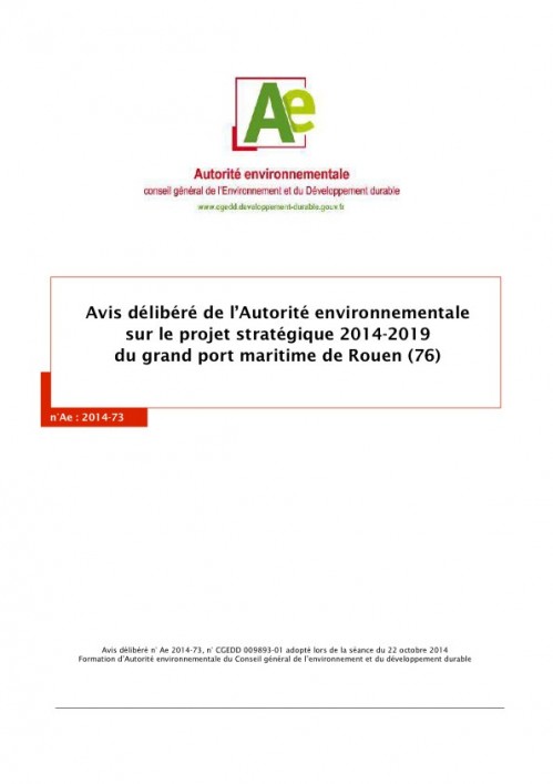 [Publication] ￼Avis délibéré de l’Autorité environnementale sur le projet stratégique 2014-201 du grand port maritime de Rouen