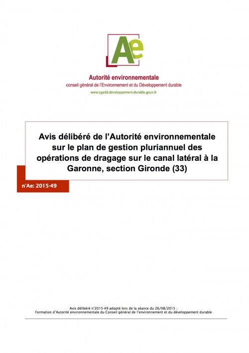 [Publication] Avis délibéré de l’Autorité environnementale sur le plan de gestion pluriannuel des opérations de dragage sur le canal latéral à la Garonne, section Gironde