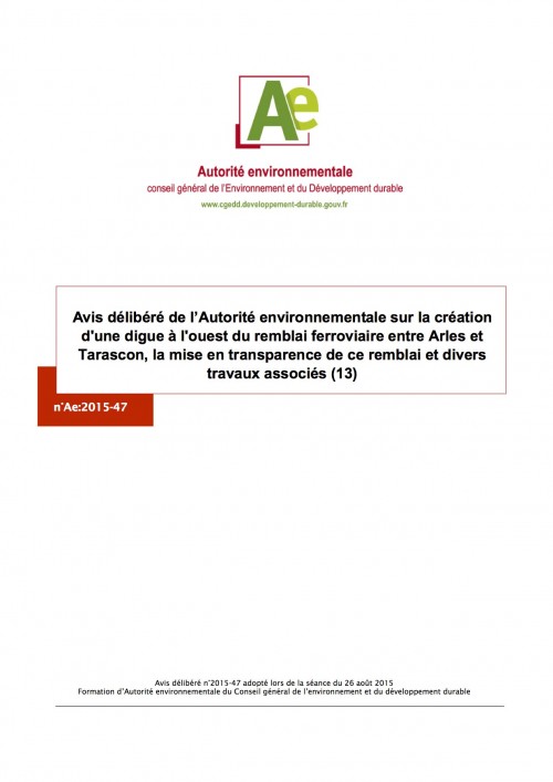 [Publication] Avis délibéré de l’Autorité environnementale sur la création d'une digue à l'ouest du remblai ferroviaire entre Arles et Tarascon, la mise en transparence de ce remblai et divers trav...