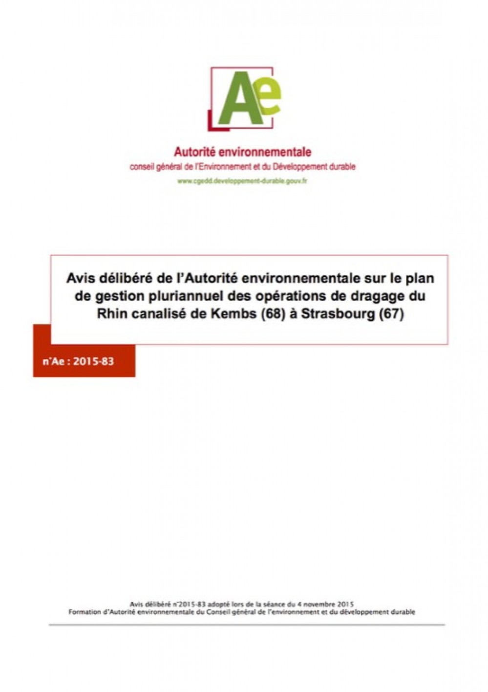 [Publication] Avis de l'AE sur le plan de gestion pluriannuel des opérations de dragage du Rhin canalisé de Kembs à Strasbourg