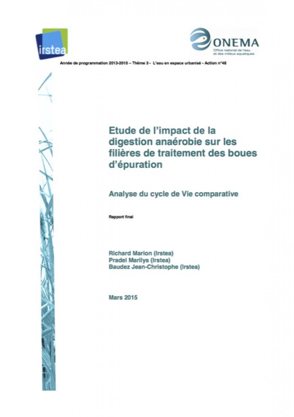 [Publication] Etude IRSTEA sur l’impact de la digestion anaérobie sur les filières de traitement des boues d’épuration