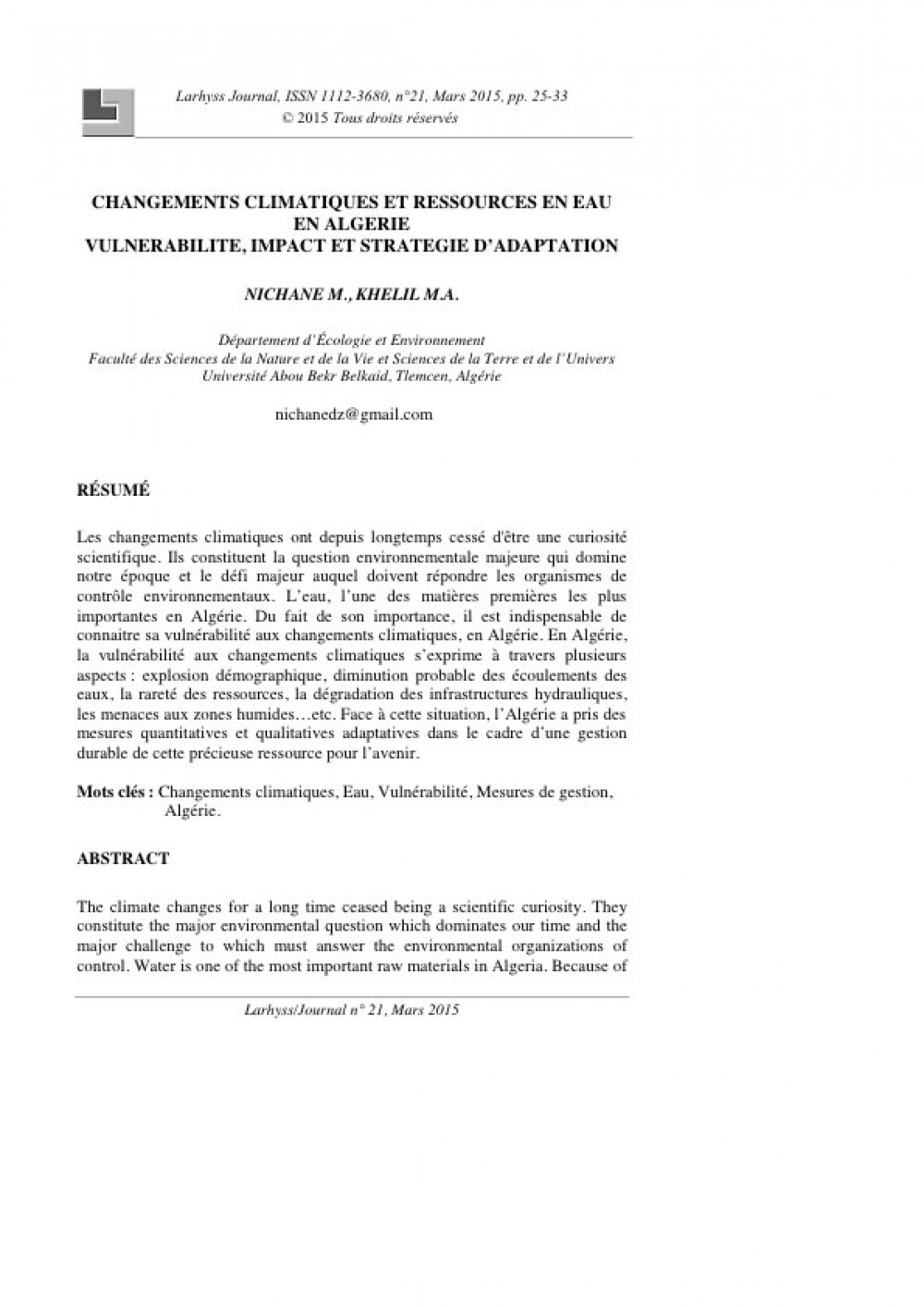[Publication] Changements climatiques et ressources en eau en Algérie : vulnérabilité, impact et stratégie d'adaptation