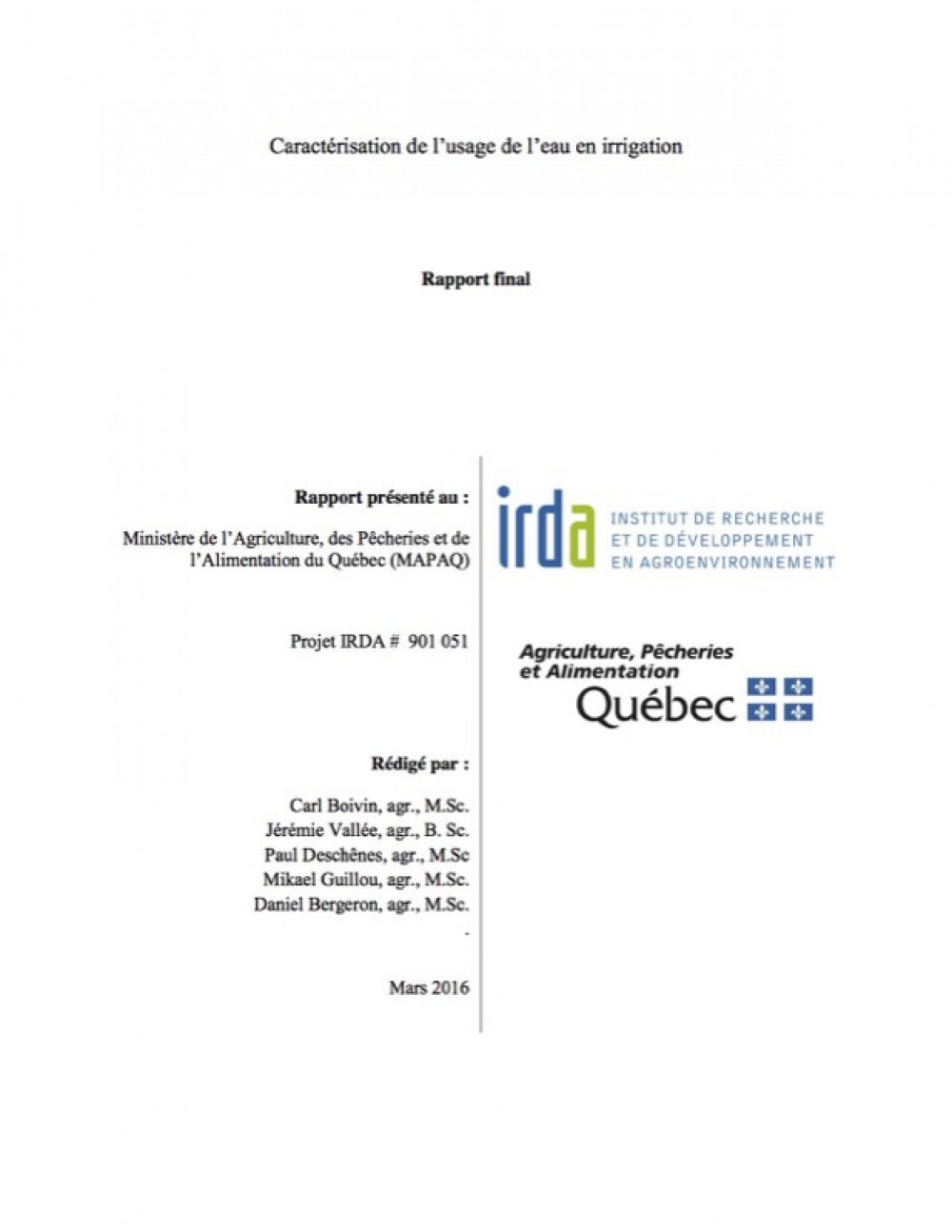 [Publication] Caractérisation de l’usage de l’eau en irrigation - IRDA Québec