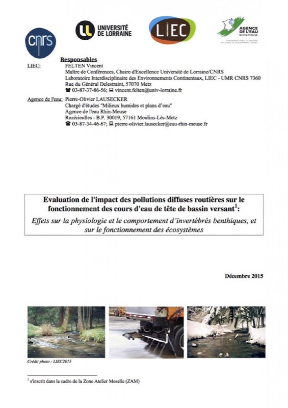 [Publication] Evaluation de l'impact des pollutions diffuses routières sur le fonctionnement des cours d'eau de tête de bassin versant : Effets sur la physiologie et le comportement d'invertébrés b...