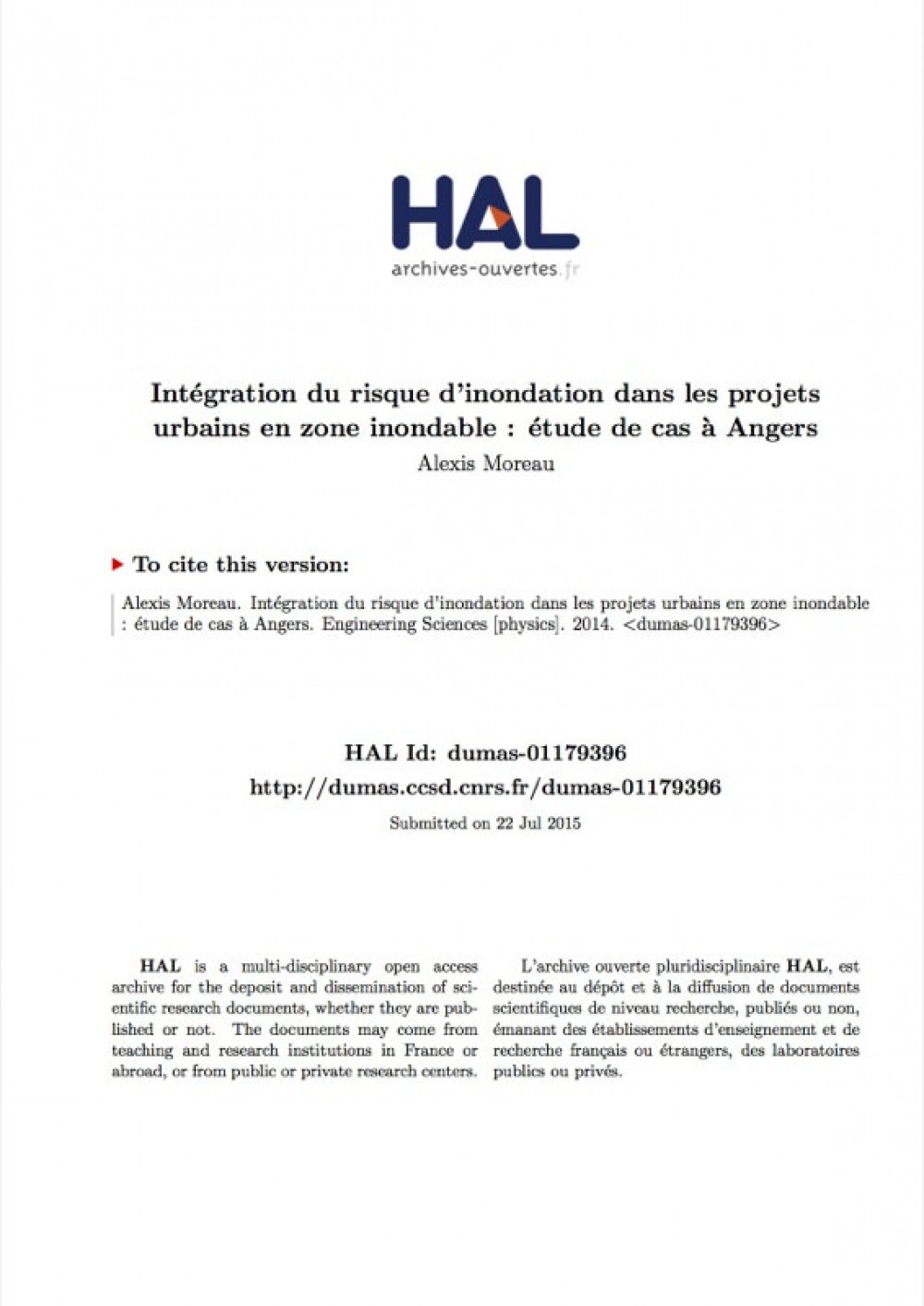 [Publication] Mémoire - Intégration du risque d’inondation dans les projets urbains en zone inondable : étude de cas à Angers