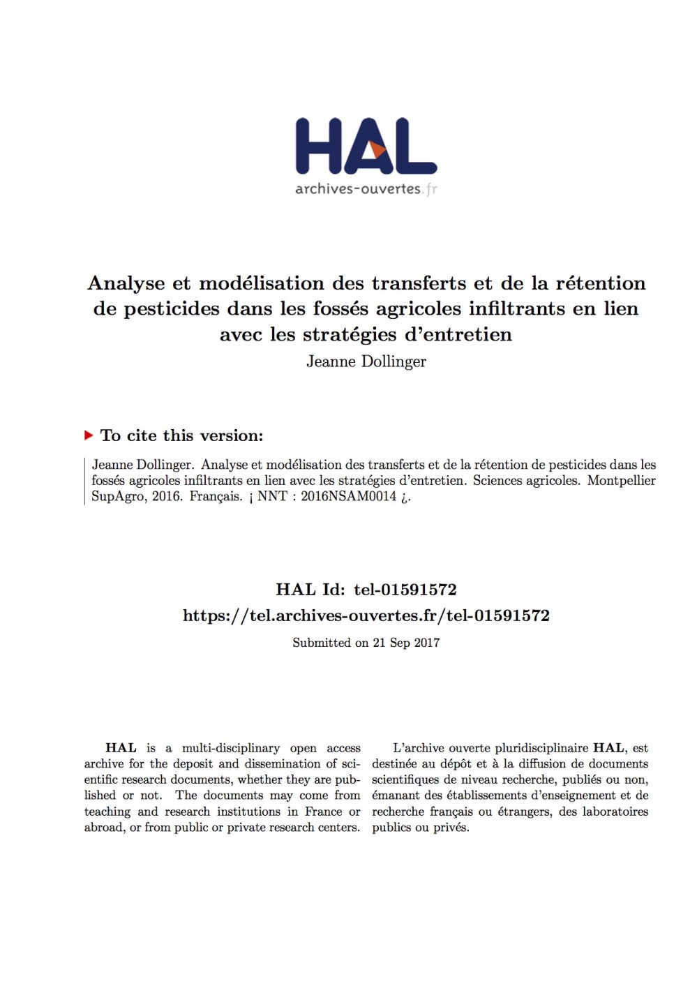 [Publication] Thèse : Analyse et modélisation des transferts et de la rétention de pesticides dans les fossés agricoles infiltrants en lien avec les stratégies d’entretien