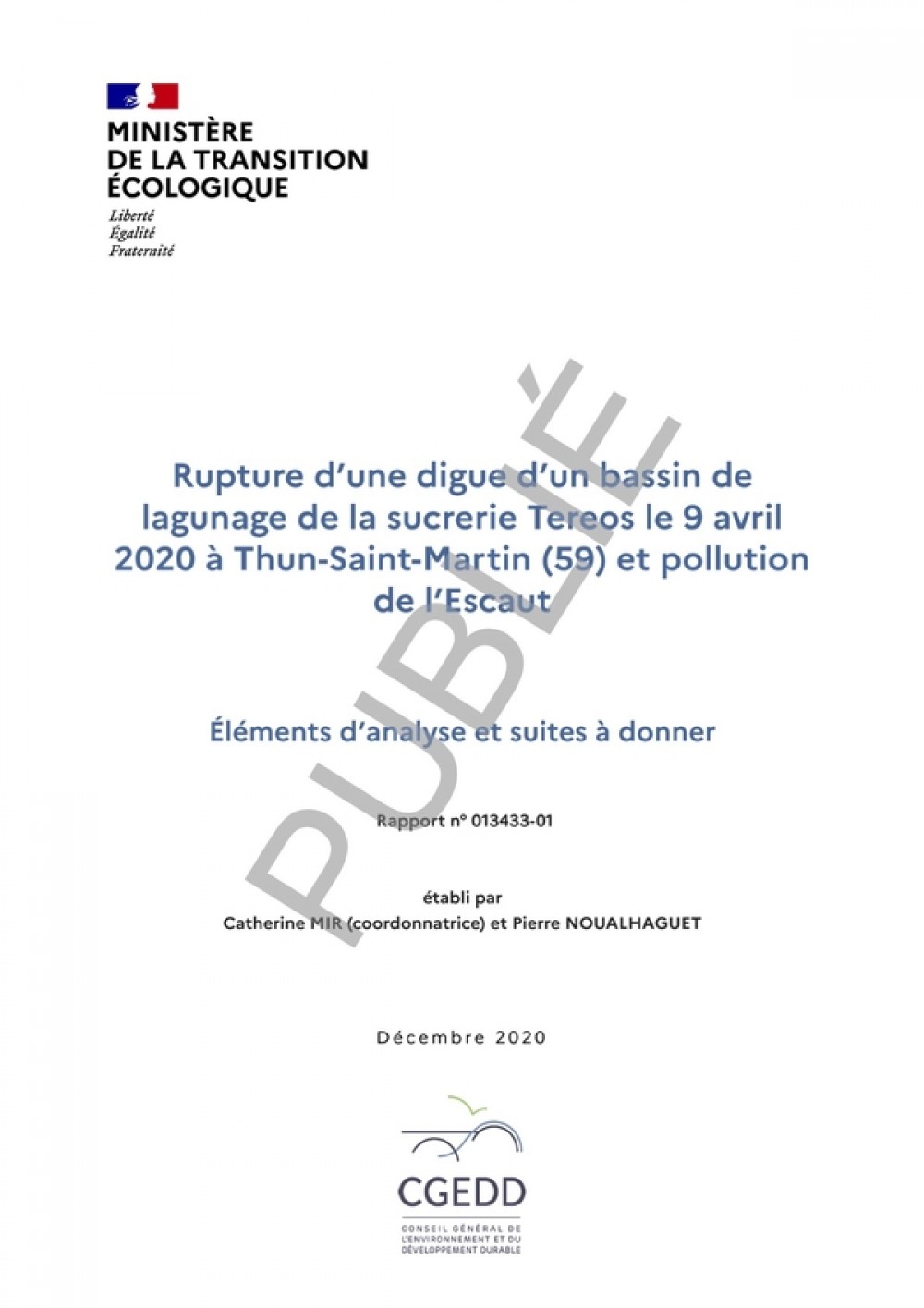 [Publication] Rupture d’une digue d’un bassin de lagunage de la sucrerie Tereos le 9 avril 2020 à Thun-Saint-Martin (59) et pollution de l’Escaut - Éléments d’analyse et suites à donner - CGEDD