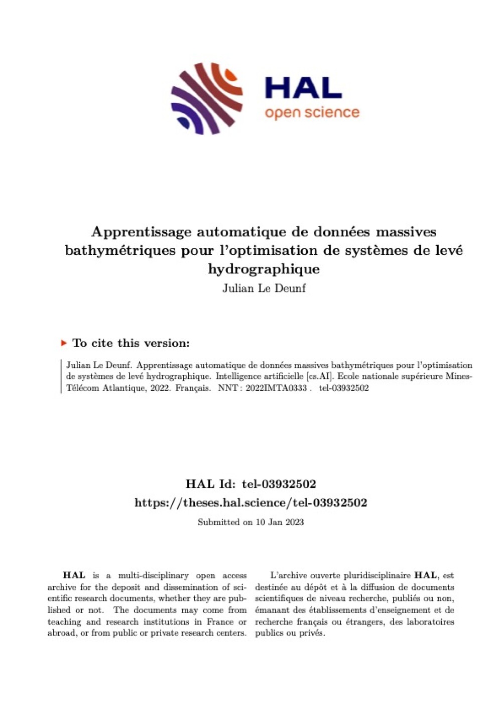 [Publication] Thèses - Apprentissage automatique de données massives bathymétriques pour l'optimisation de systèmes de levé hydrographique