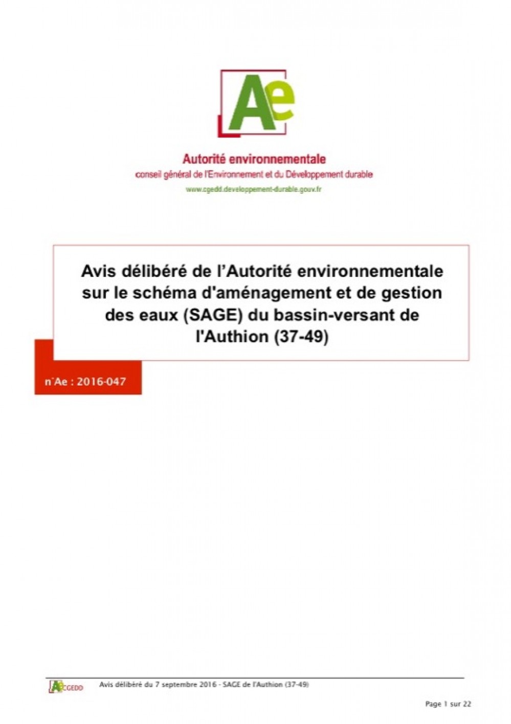 [Publication] Avis de l'AE sur le SAGE du bassin versant de l'Authion - CGEDD