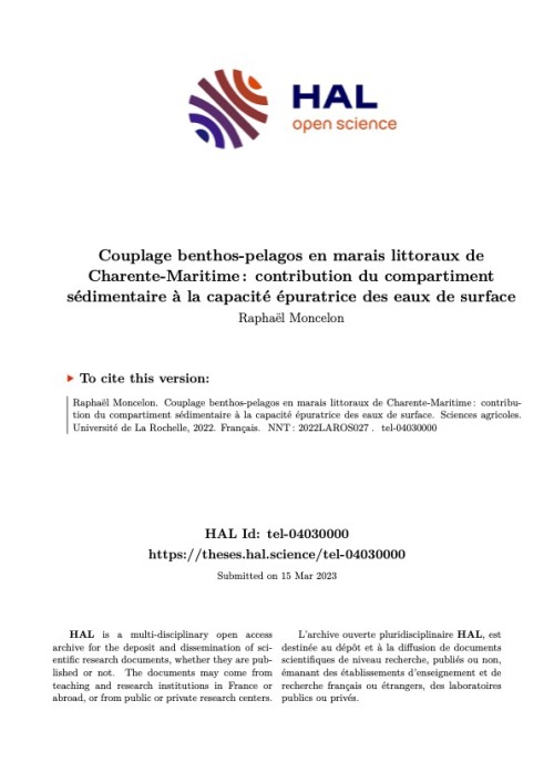 [Publication] Thèse - Couplage benthos-pelagos en marais littoraux de Charente-Maritime : contribution du compartiment sédimentaire à la capacité épuratrice des eaux de surface
