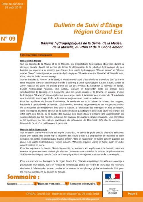 [Publication] Bulletin de suivi d'étiage région Grand Est 2018