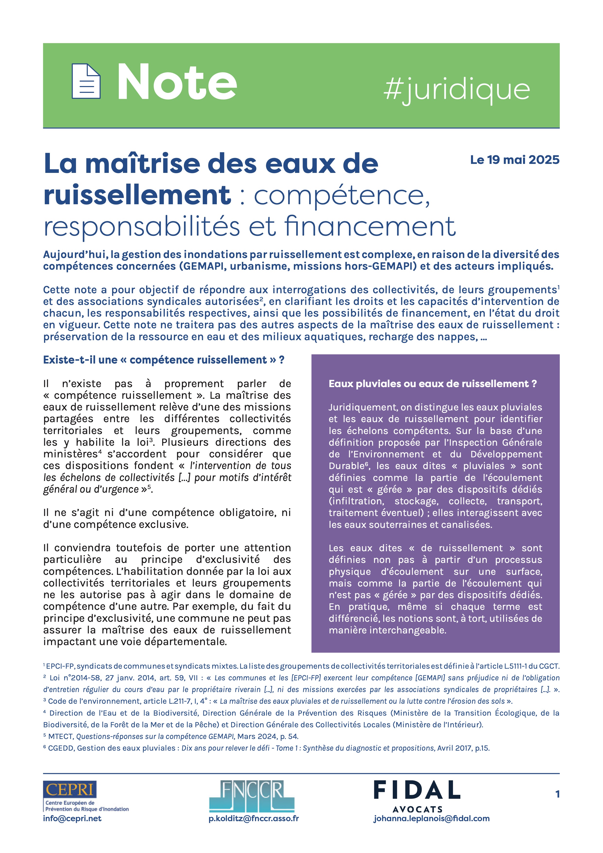 [Publication] Note juridique - La maîtrise des eaux de ruissellement : compétence, responsabilité et financement