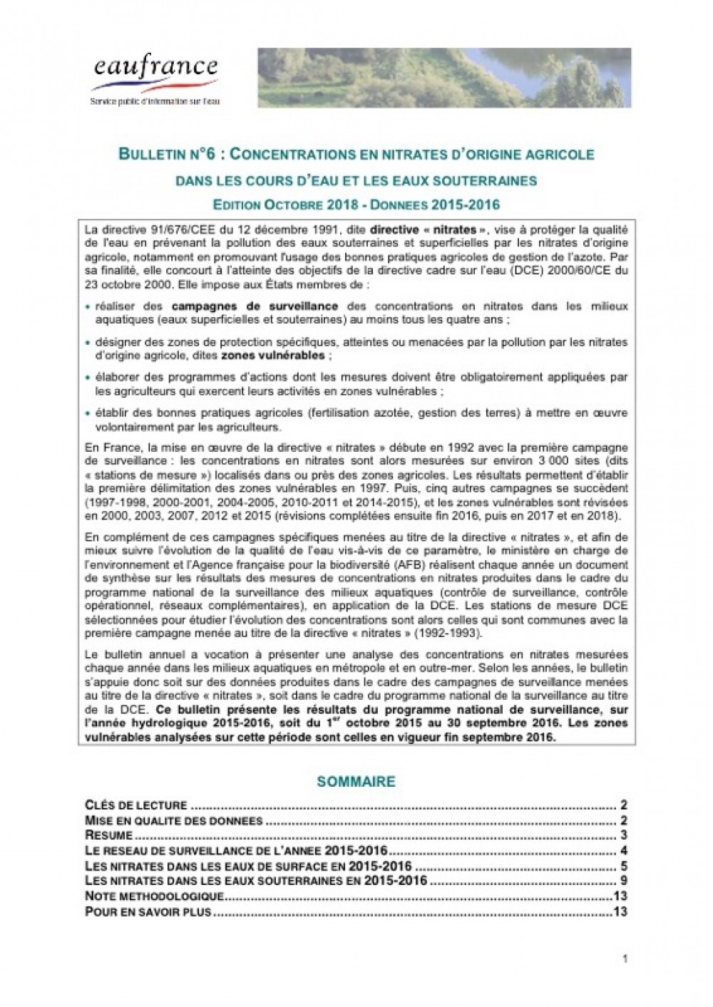 [Publication] Concentrations en nitrates d'origine agricole dans les cours d'eau et les eaux souterraines (données 2015-2016) - Eaufrance