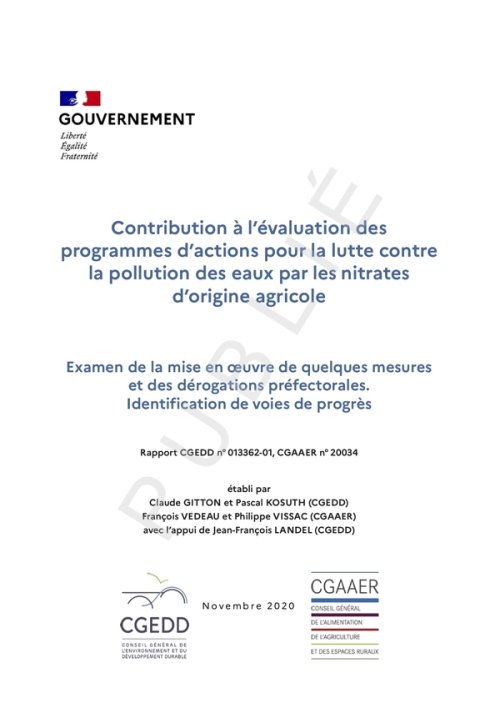 Contribution à l’évaluation des programmes d’actions pour la lutte contre la pollution des eaux par les nitrates d’origine agricole - CGEDD