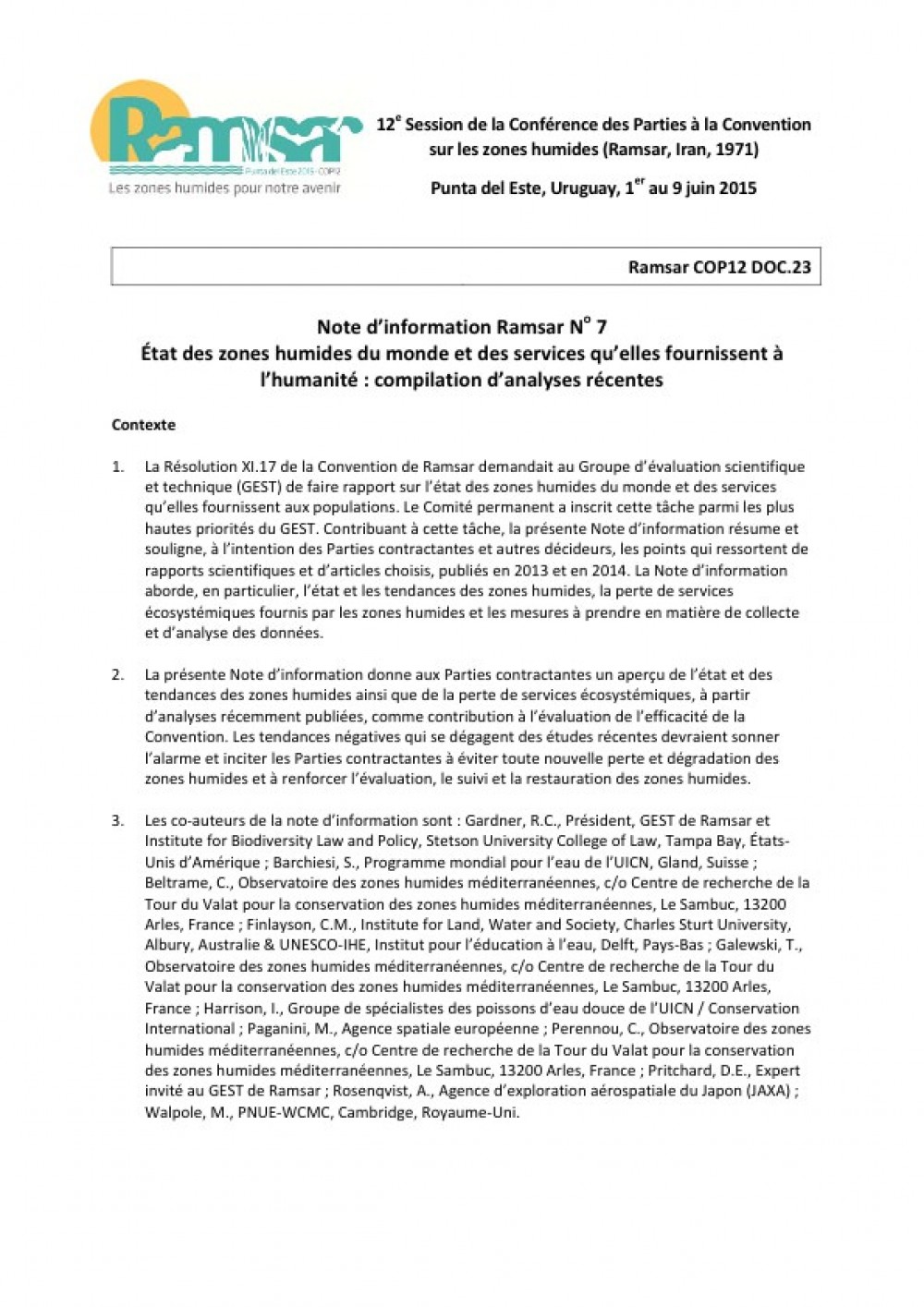 [Publication] État des zones humides du monde et des services qu’elles fournissent à l’humanité : compilation d’analyses récentes - Ramsar