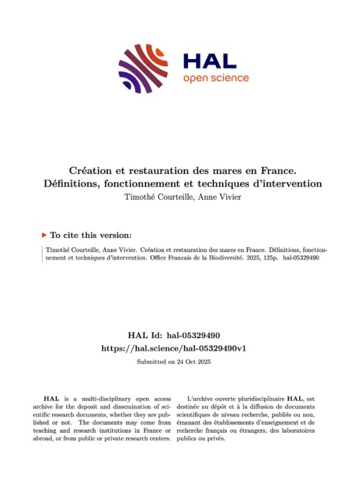[Publication] Création et restauration des mares en France : Définitions, fonctionnement et techniques d'intervention