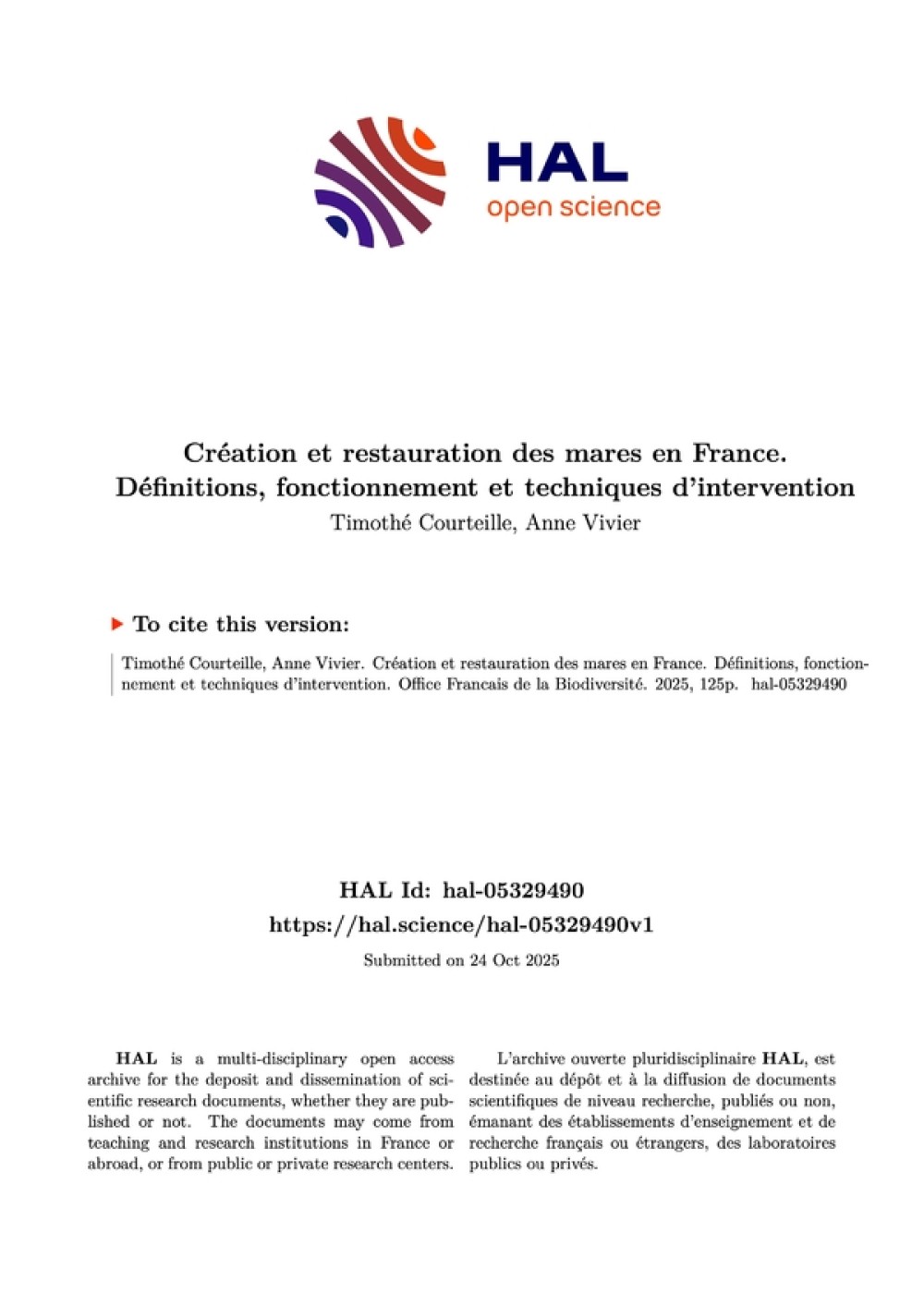 [Publication] Création et restauration des mares en France : Définitions, fonctionnement et techniques d'intervention