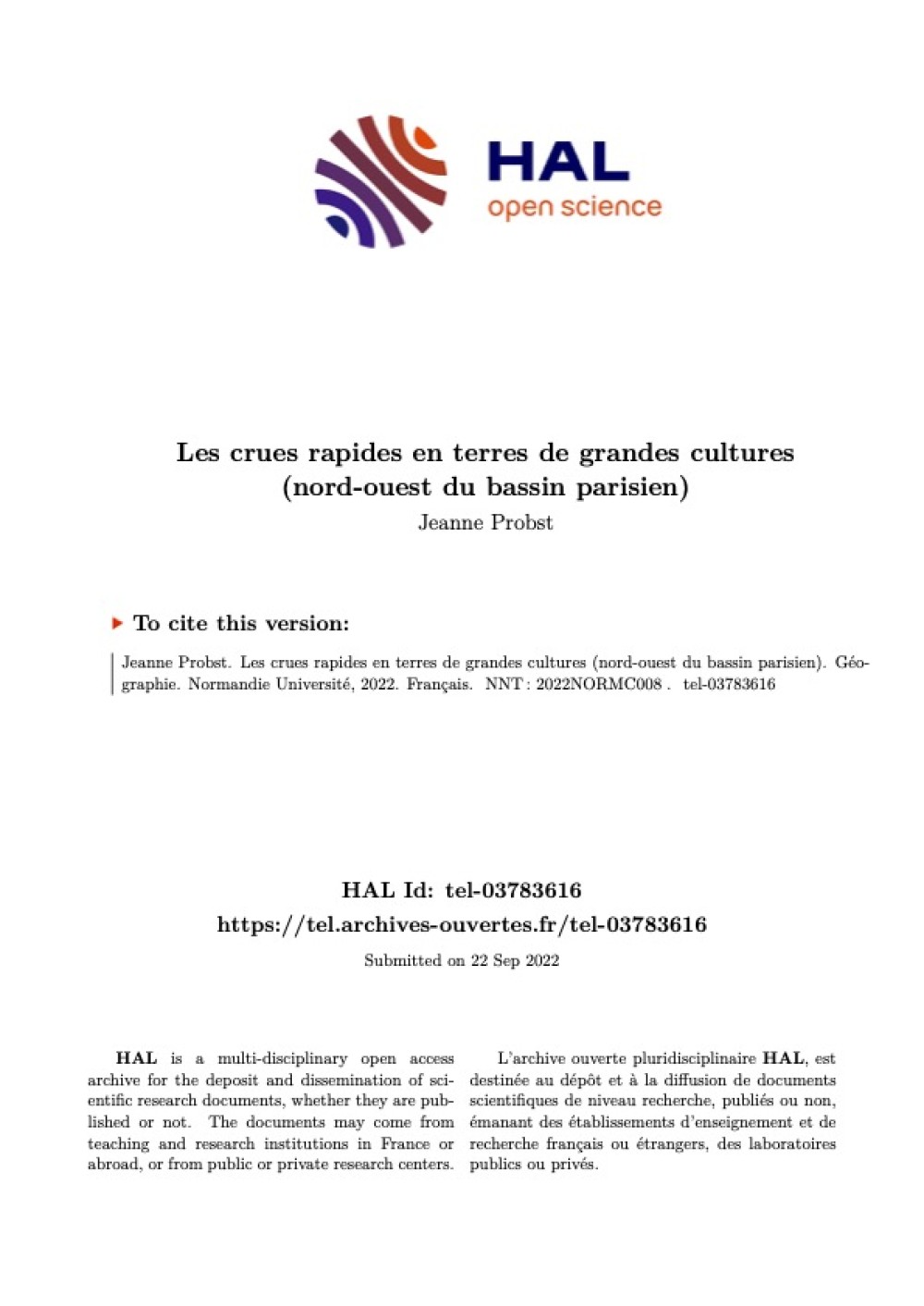 [Publication] Thèse - Les crues rapides en terres de grandes cultures (nord-ouest du bassin parisien)