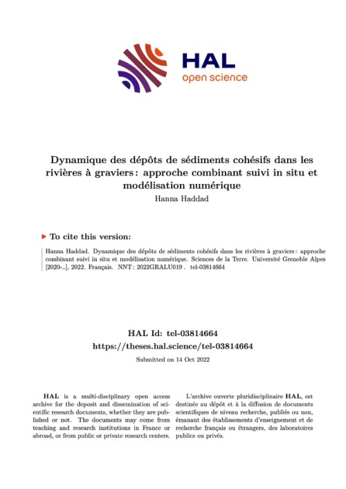 [Publication] Thèse - Dynamique des dépôts de sédiments cohésifs dans les rivières à graviers : approche combinant suivi in situ et modélisation numérique