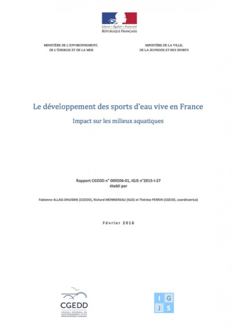[Publication] Le développement des sports d’eau vive en France - Impact sur les milieux aquatiques - CGEDD
