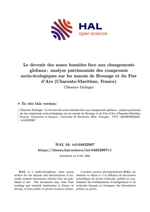 [Publication] Le devenir des zones humides face aux changements globaux : analyse patrimoniale des compromis socio-écologiques sur les marais de Brouage et du Fier d'Ars