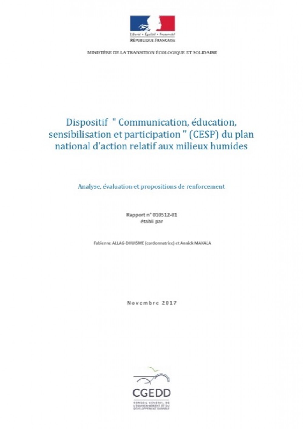[Publication] Dispositif « Communication, éducation, sensibilisation et participation » (CESP) du plan national d'action relatif aux milieux humides - Analyse, évaluation et propositions de renforcement - CGEDD
