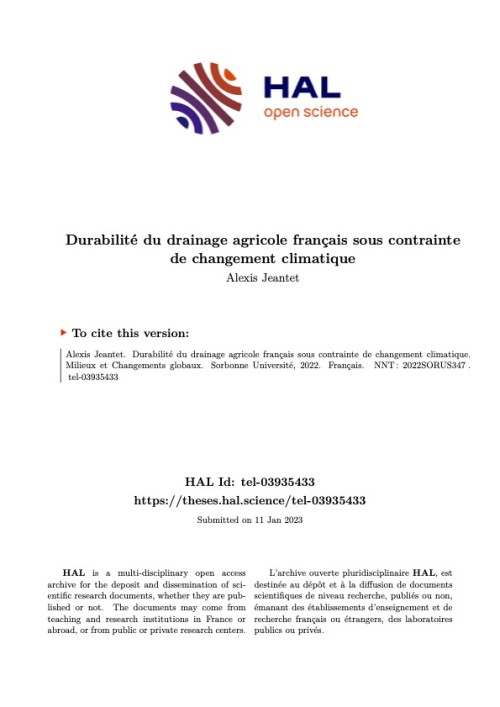 [Publication] Thèse - Durabilité du drainage agricole français sous contrainte de changement climatique
