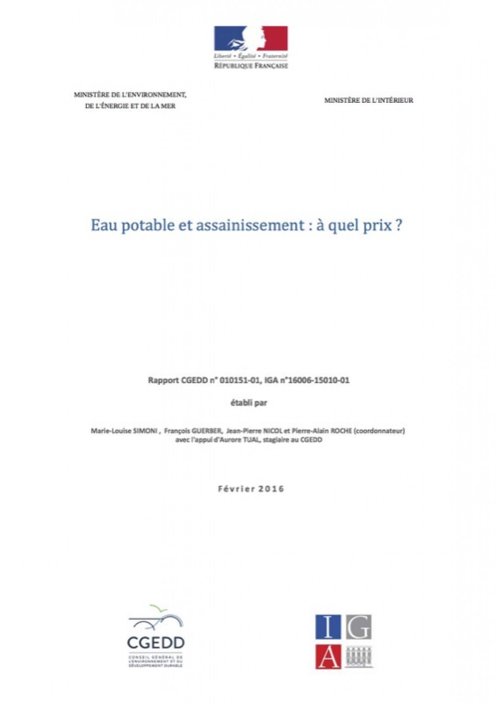 [Publication] Eau potable et assainissement : à quel prix ? - CGEDD