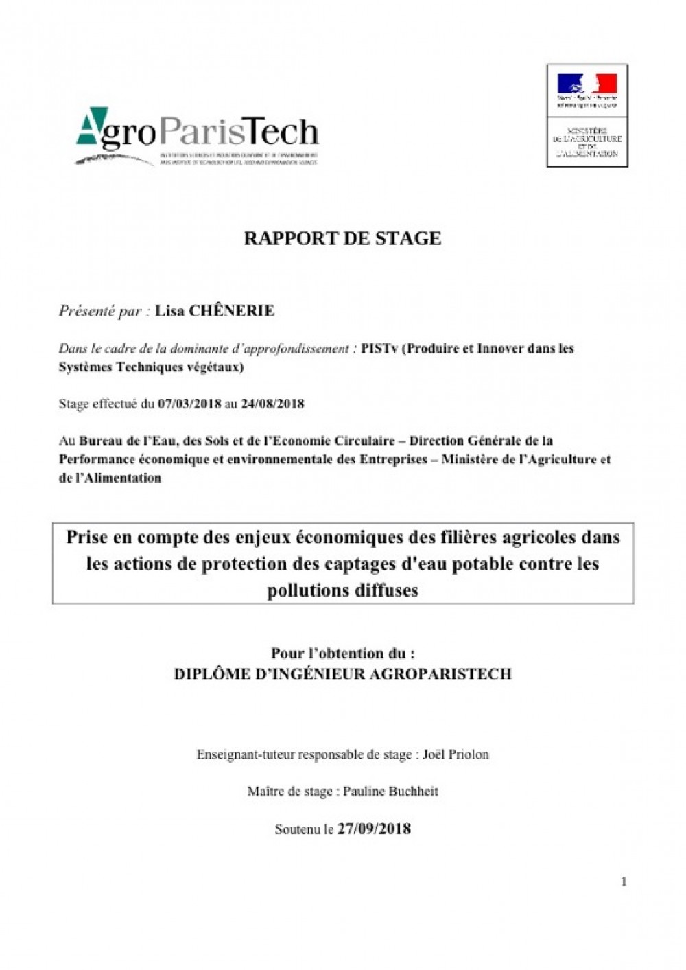 [Publication] Prise en compte des enjeux économiques des filières agricoles dans les actions de protection des captages d'eau potable contre les pollutions diffuses - Aires d'alimentation de captages