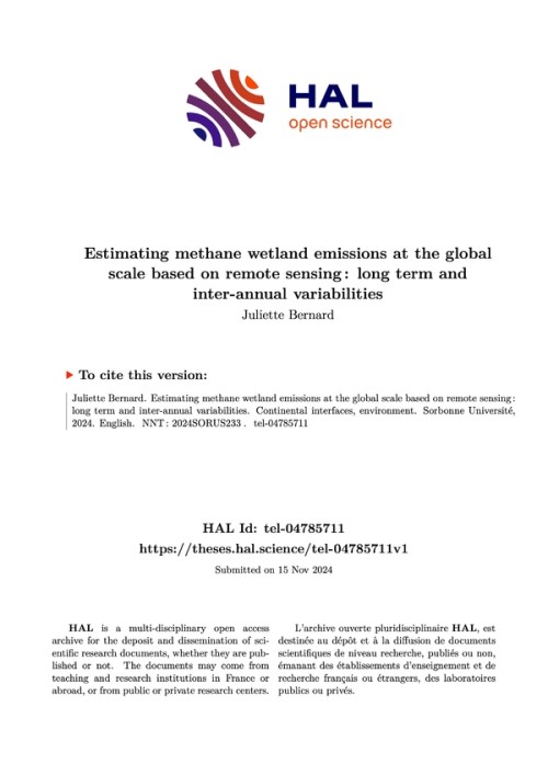 [Publication] Thèse - Estimation des émissions de méthane des zones humides à l'échelle mondiale à partir de la télédétection : variabilités à long terme et interannuelles