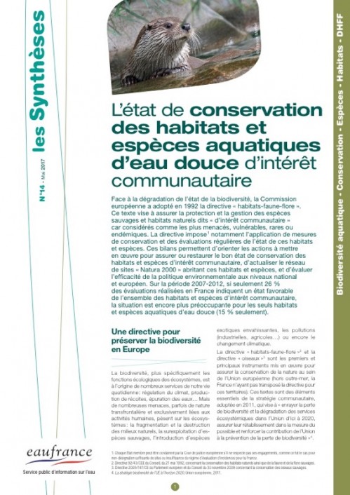 [Publication] Etat de conservation des habitats et espèces aquatiques d'eau douce d'intérêt communautaire
