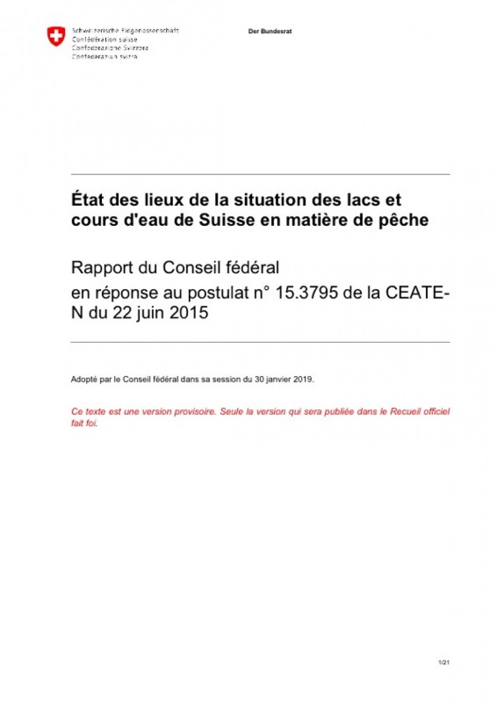 [Publication] Etat des lieux de la situation des lacs et cours d'eau de Suisse en matière de pêche