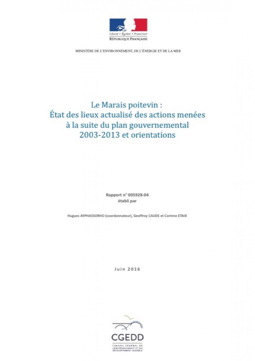 [Publication] Le Marais poitevin : État des lieux actualisé des actions menées à la suite du plan gouvernemental 2003-2013 et orientations - CGEDD