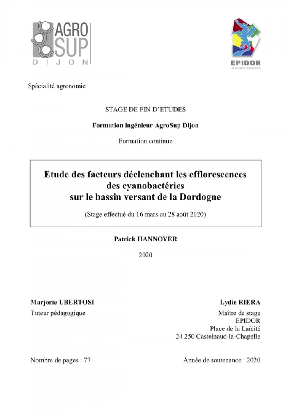 [Publication] Etude des facteurs déclenchant les efflorescences des cyanobactéries sur le bassin versant de la Dordogne