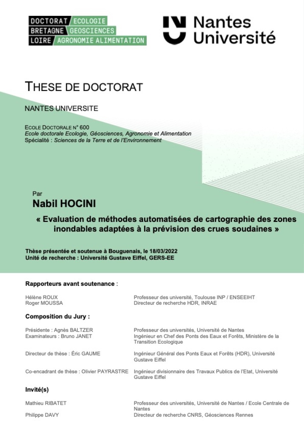 [Publication] Nabil Hocini , Evaluation de méthodes automatisées de cartographie des zones inondables adaptées à la prévision des crues soudaines