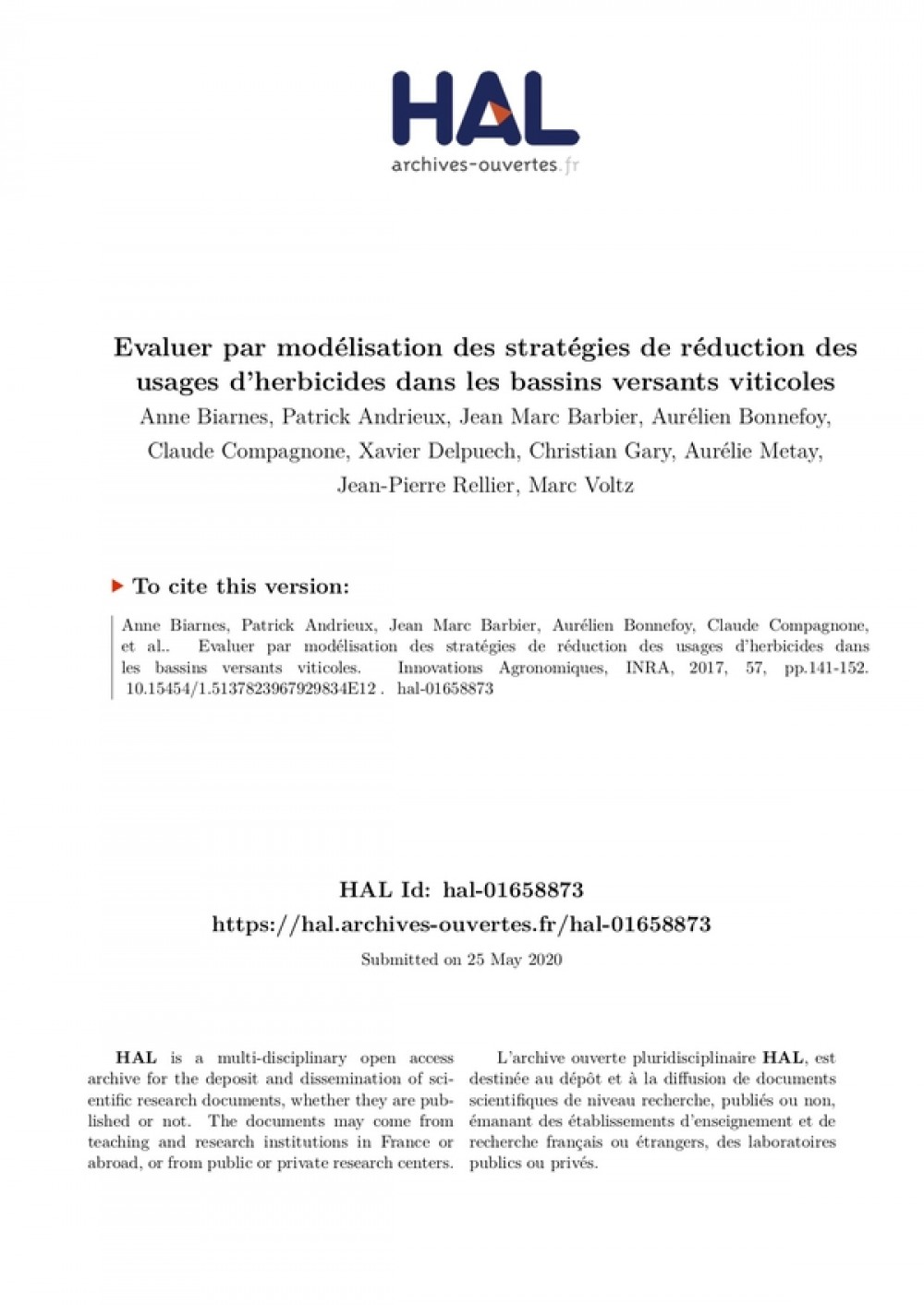 [Publication] Evaluer par modélisation des stratégies de réduction des usages d'herbicides dans les bassins versants viticoles