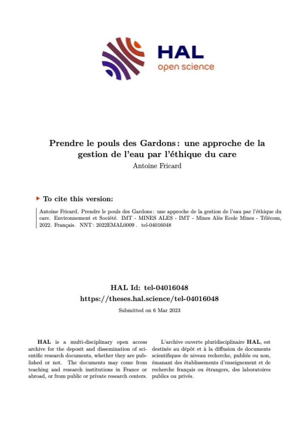 [Publication] Thèse - Prendre le pouls des Gardons : une approche de la gestion de l’eau par l’éthique du care