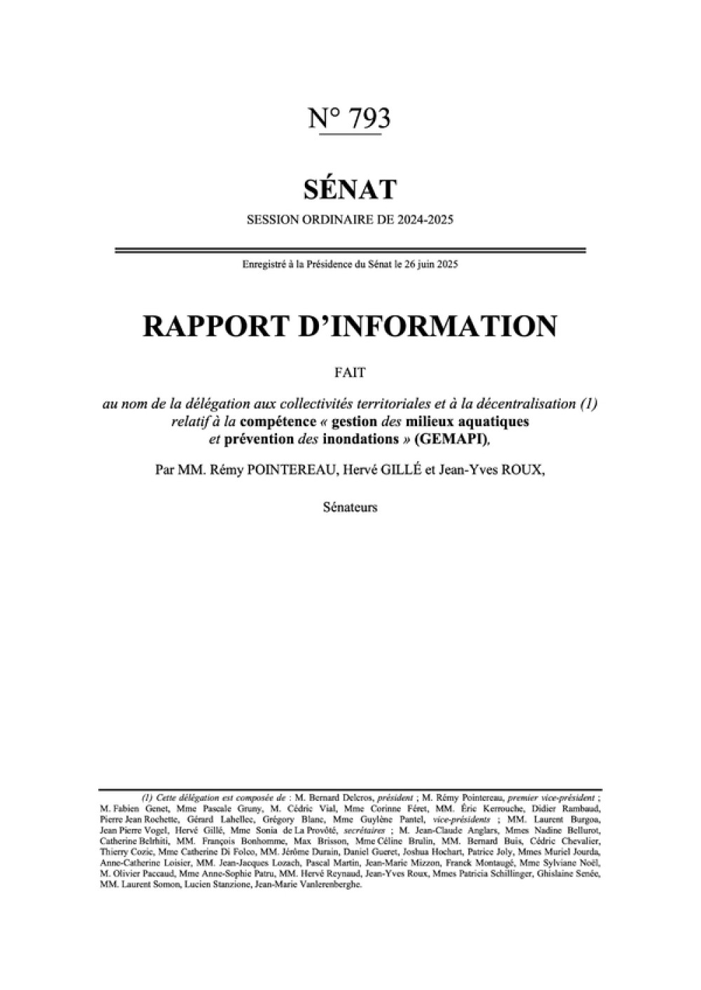 [Publication] Pour l'efficacité de la GEMAPI : des territoires solidaires - Sénat