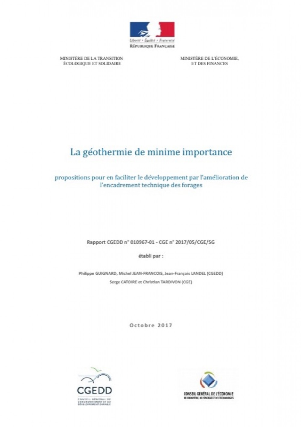 [Publication] La géothermie de minime importance - Propositions pour en faciliter le développement par l'amélioration de l'encadrement technique des forages