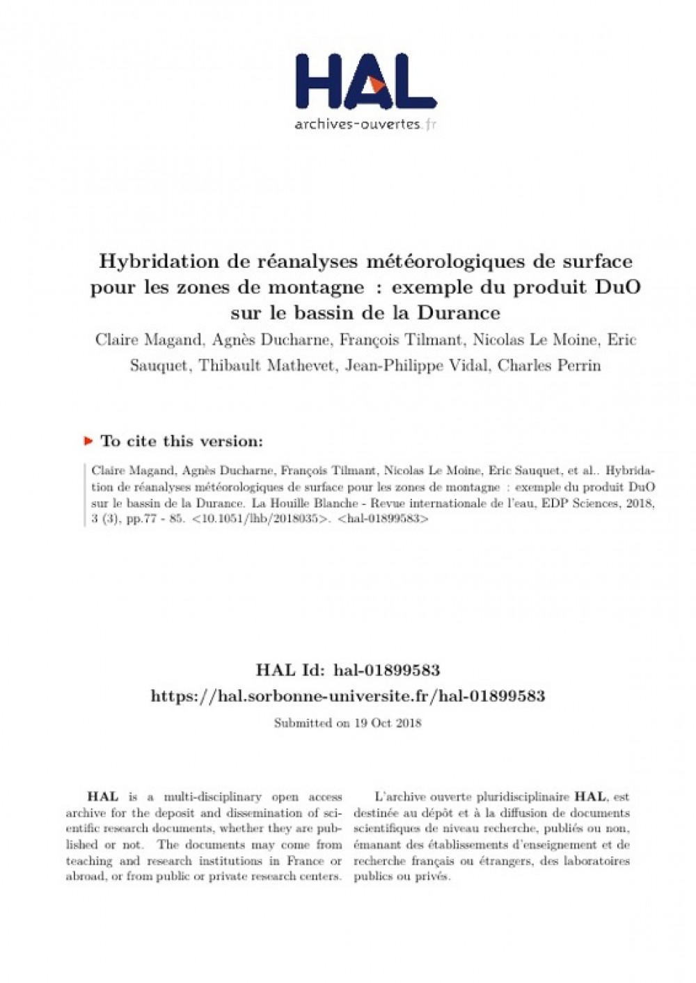 [Publication] Hybridation de réanalyses météorologiques de surface pour les zones de montagne : exemple du produit DuO sur le bassin de la Durance