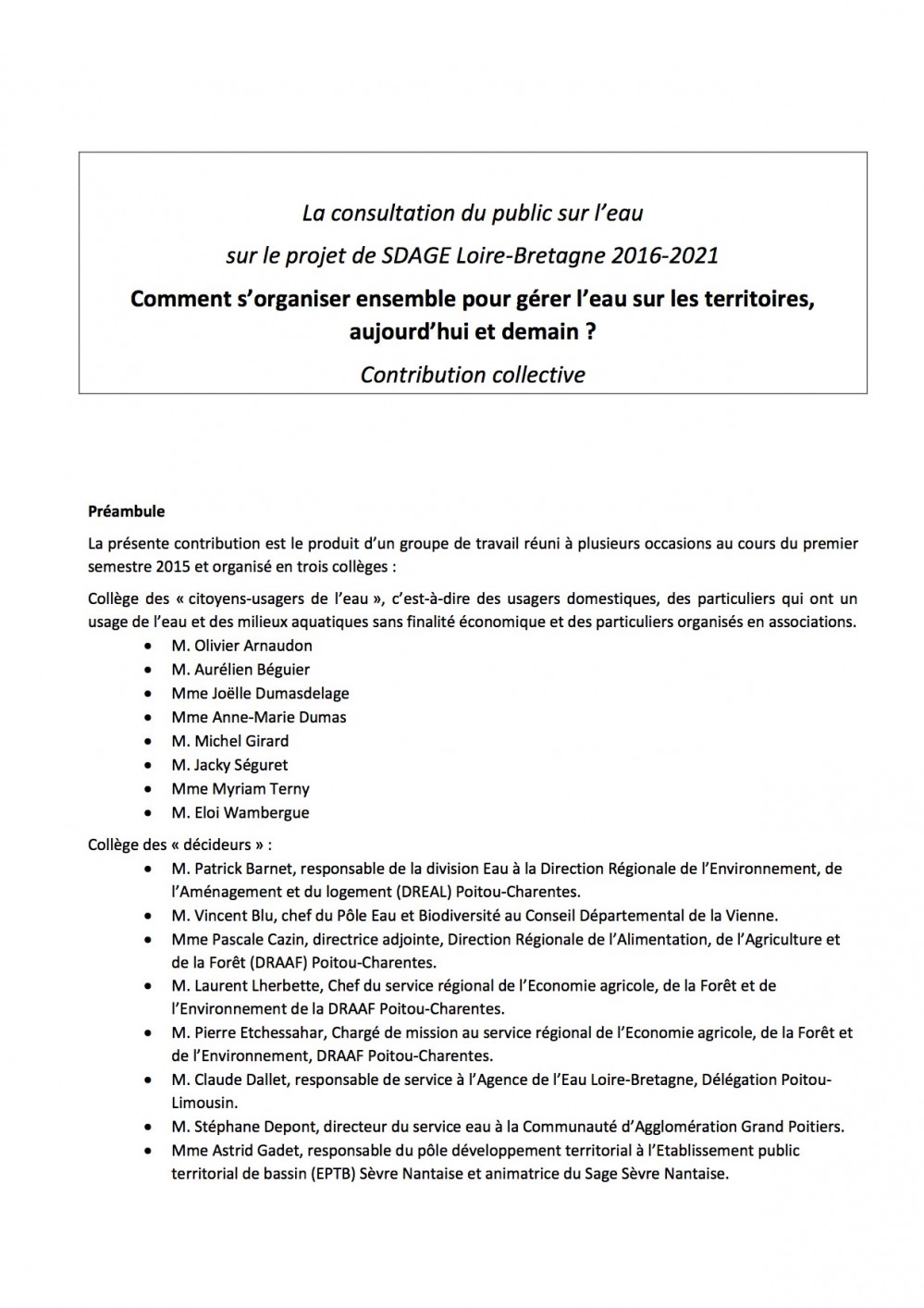[Publication] Contribution collective à la consultation publique sur l’eau 2014-2015 - Eau en Poitou-Charentes